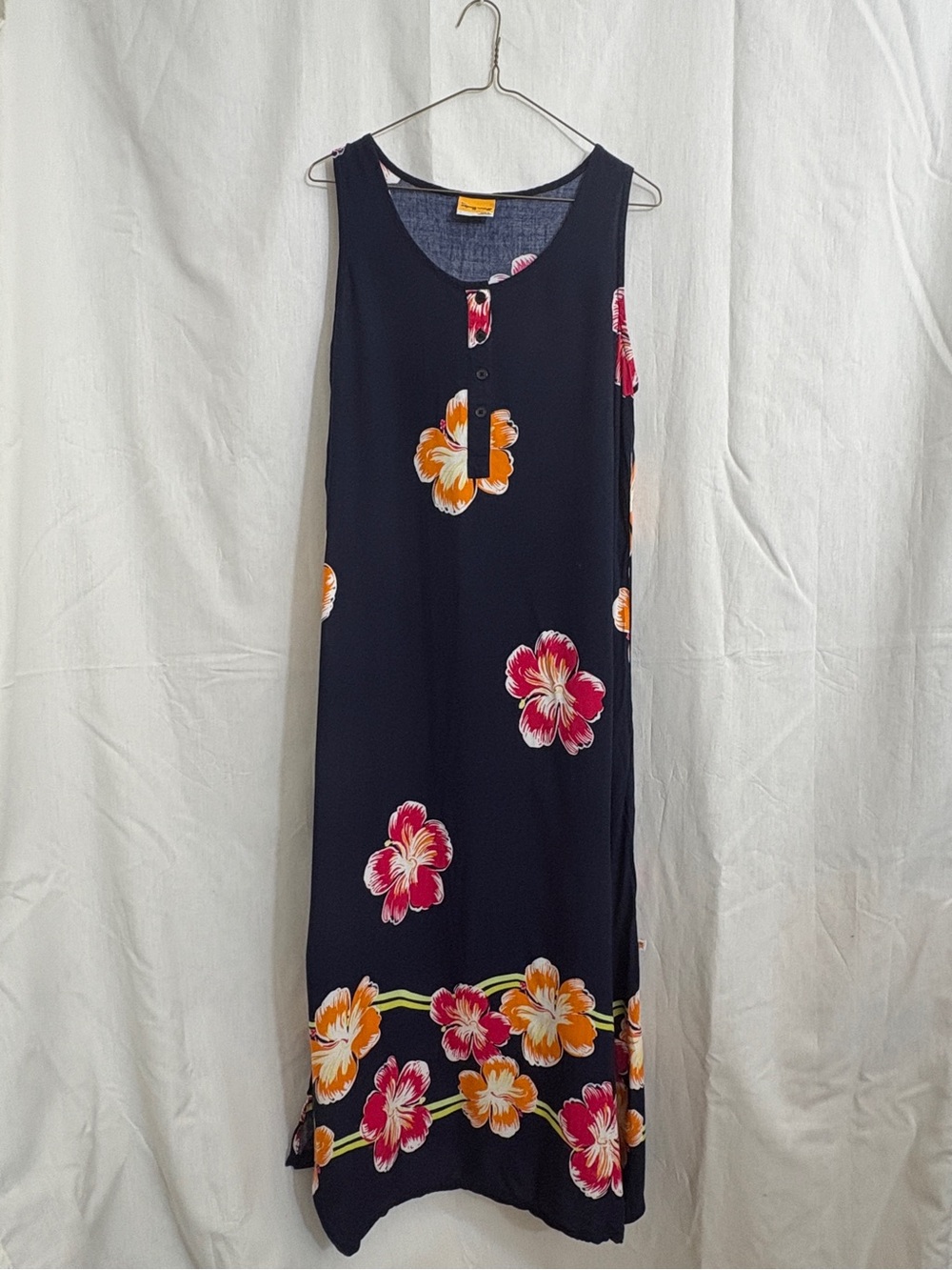 Down Under Womens L Navy Hibiscus Floral Sleeveless Rayon Maxi Dress - Picture 2 of 5